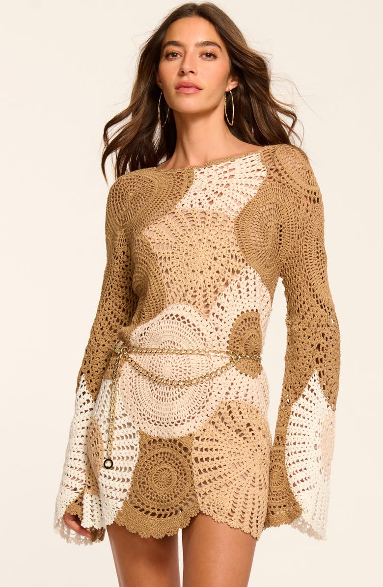 Ramy Brook Carina Long Sleeve Cotton Crochet Minidress, Alternate, color, Sandstone Multi Colorblock