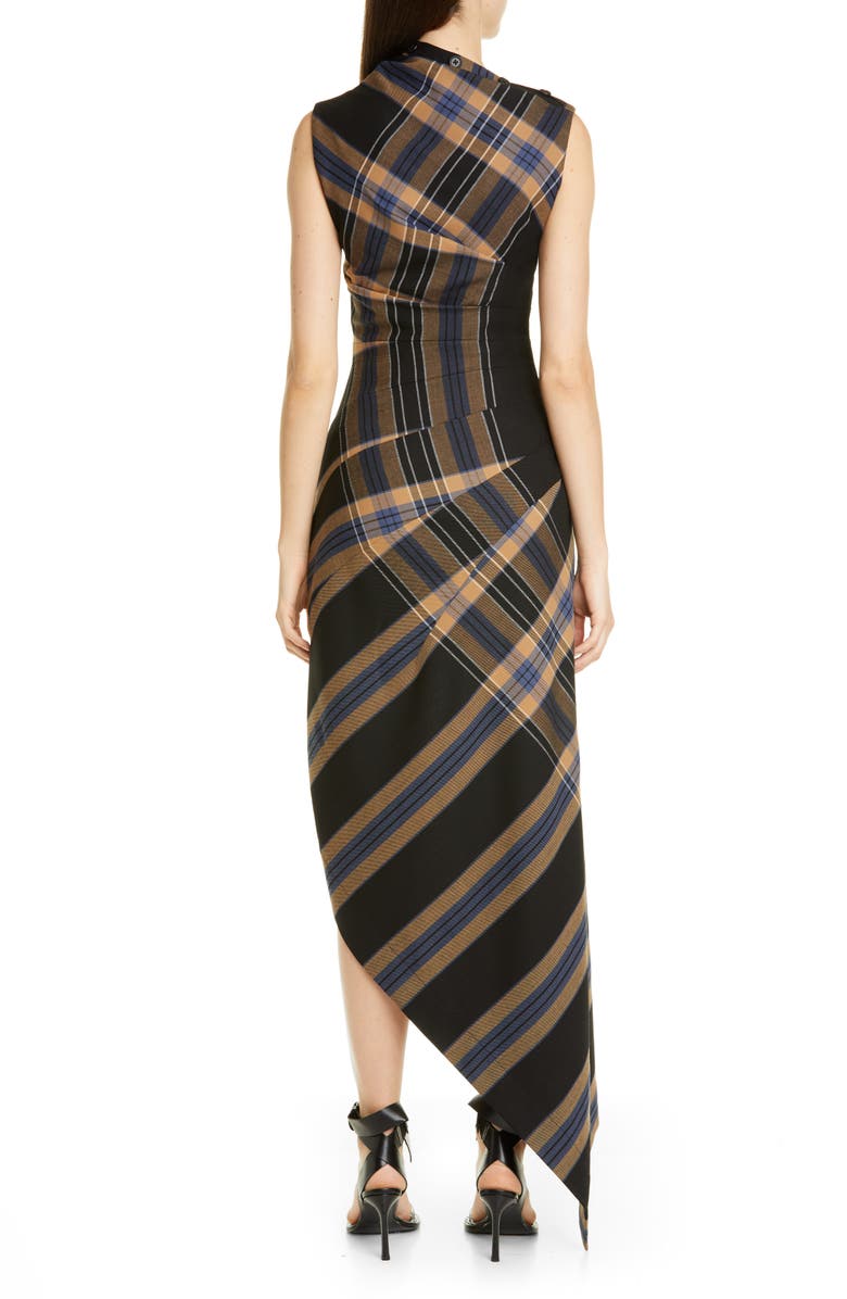 MONSE Asymmetrical Pleated Plaid Midi Dress, Alternate, color, 