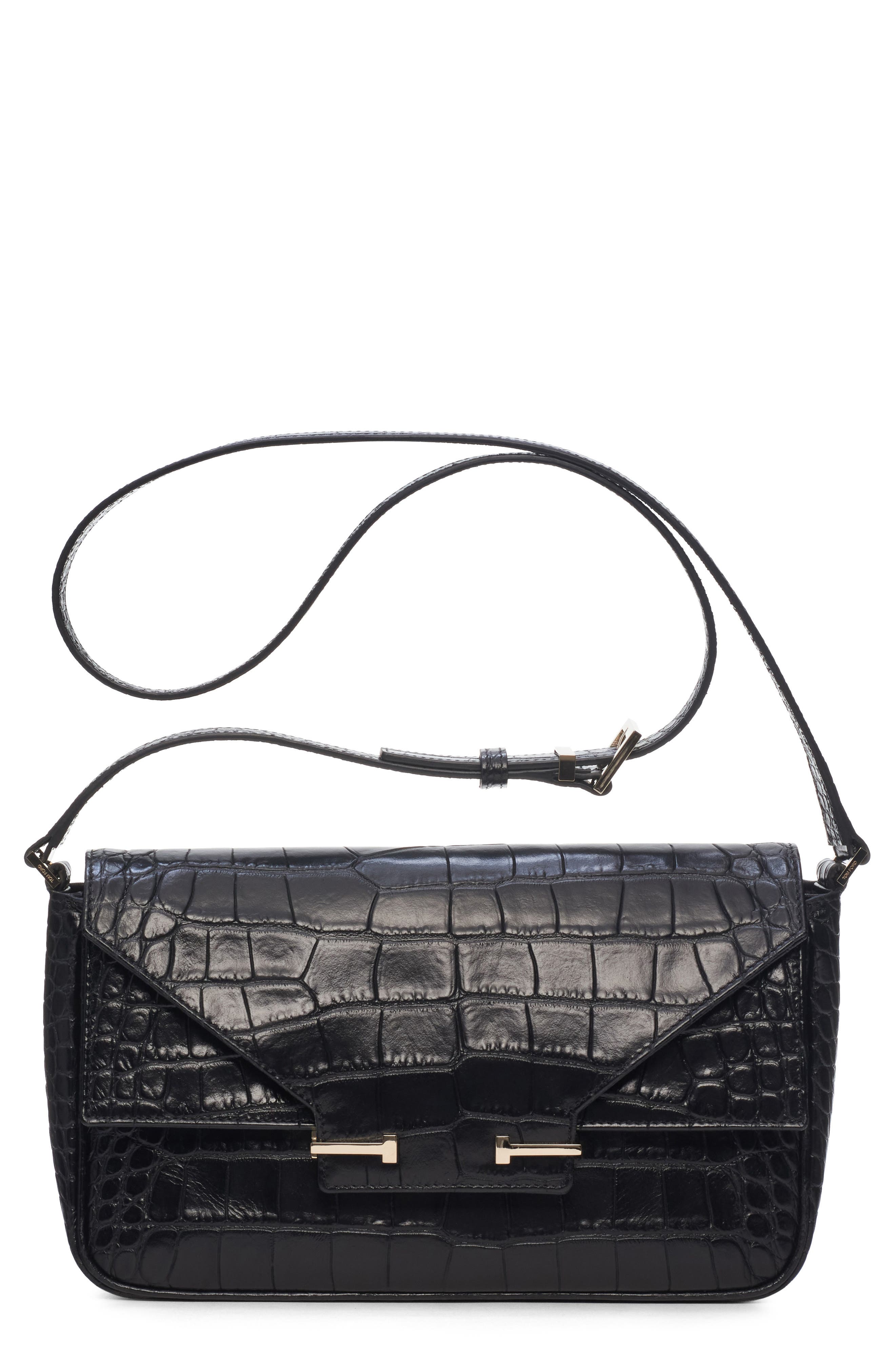 TOM FORD Small Aube Croc Embossed Leather Shoulder Bag, Main, color, Black