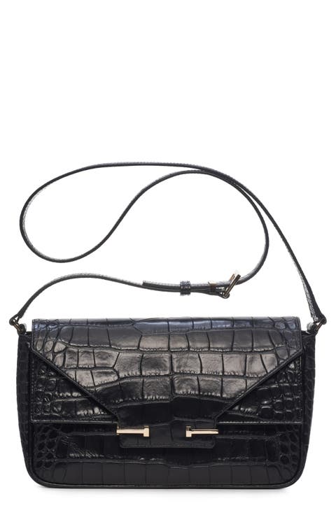 Small Aube Croc Embossed Leather Shoulder Bag