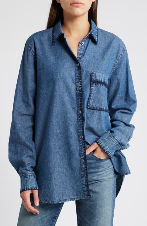 Nordstrom Women Blue Denim Chambray Embroidered Back Cut Out 100% Lyocell selling Large