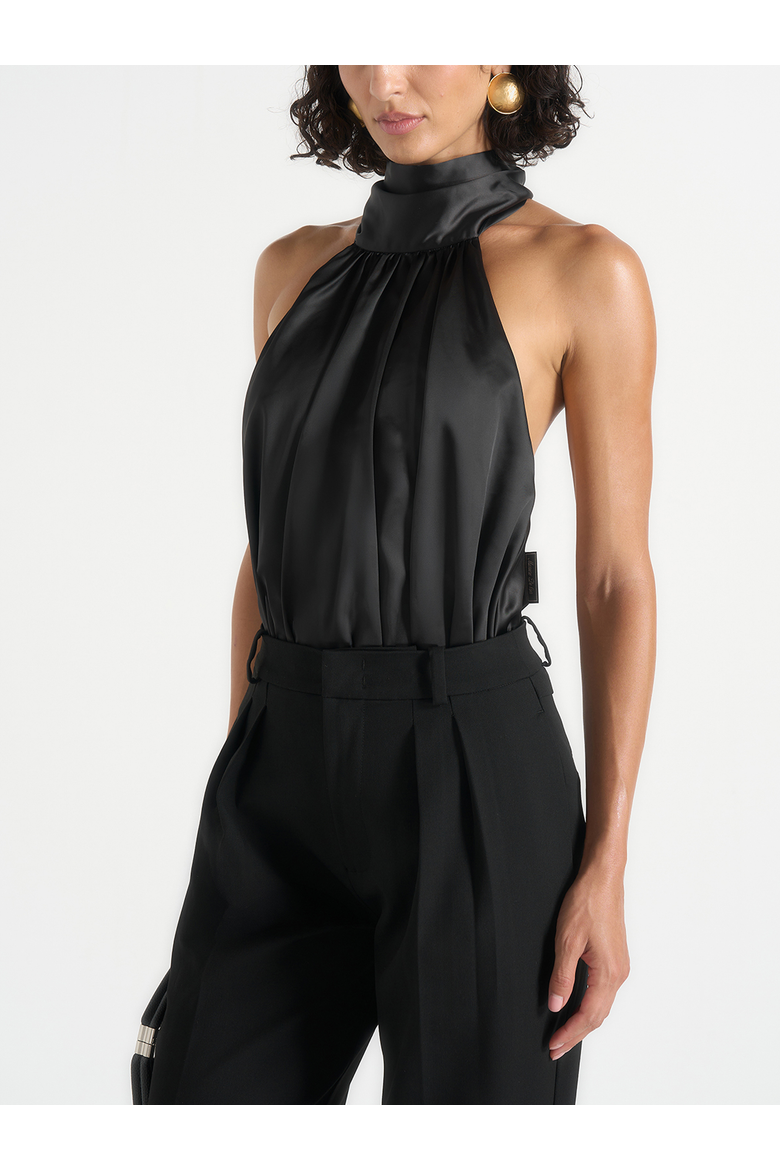 Phoebe Satin Blouson Tie-Neck Open Back Top, Main, color, Black