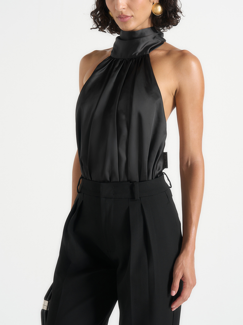 Phoebe Satin Blouson Tie-Neck Open Back Top