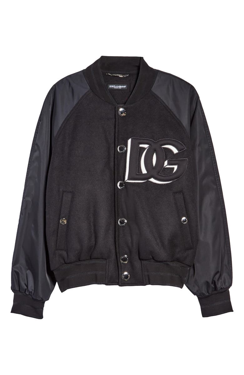 Dolce&Gabbana Logo Nylon Sleeve Wool Blend Varsity Jacket, Alternate, color, 