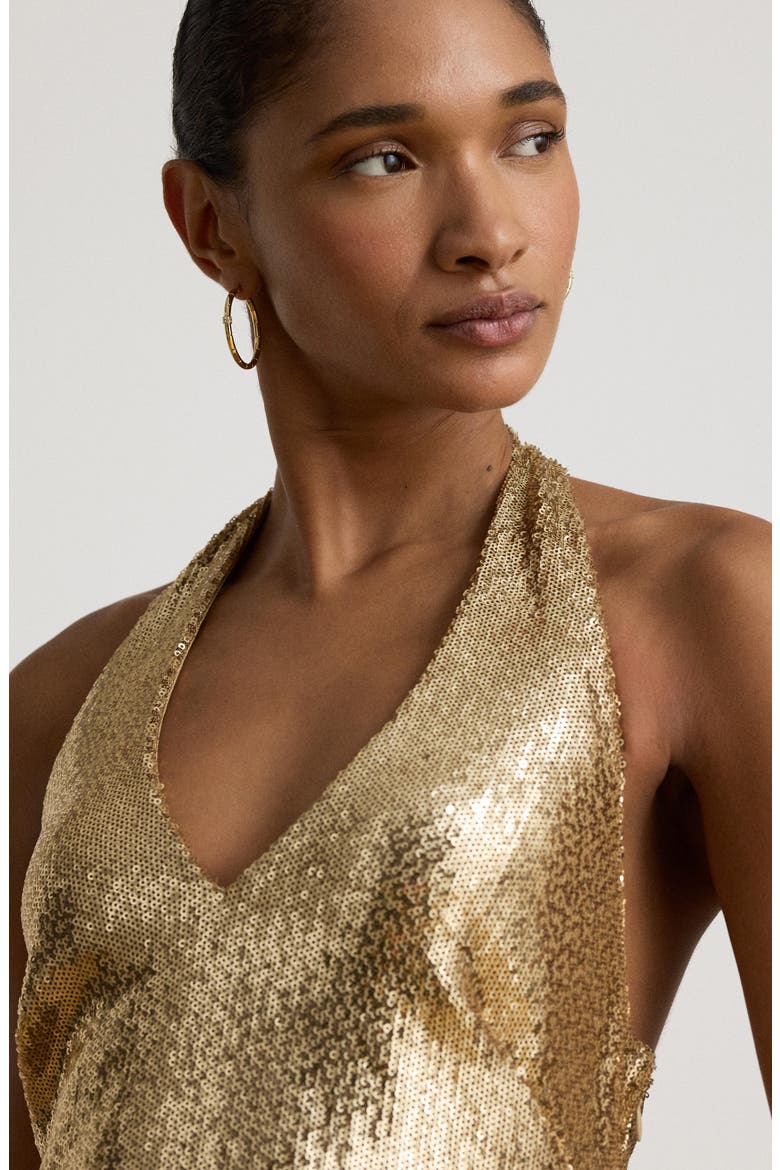 Luxe Sequin Tulle Halter Column Gown, Alternate, color, BEIGE