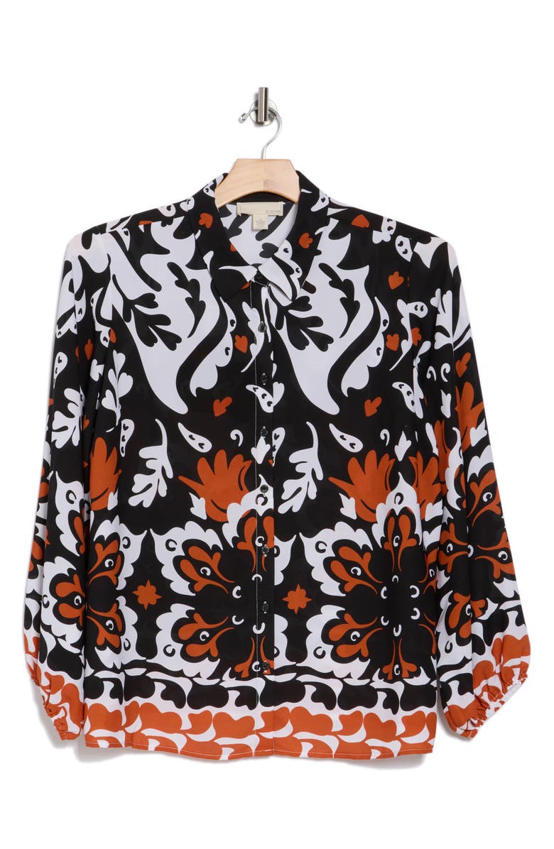 BY DESIGN Canyon Balloon Sleeve Button-Up Shirt, Alternate, color, White/ Black