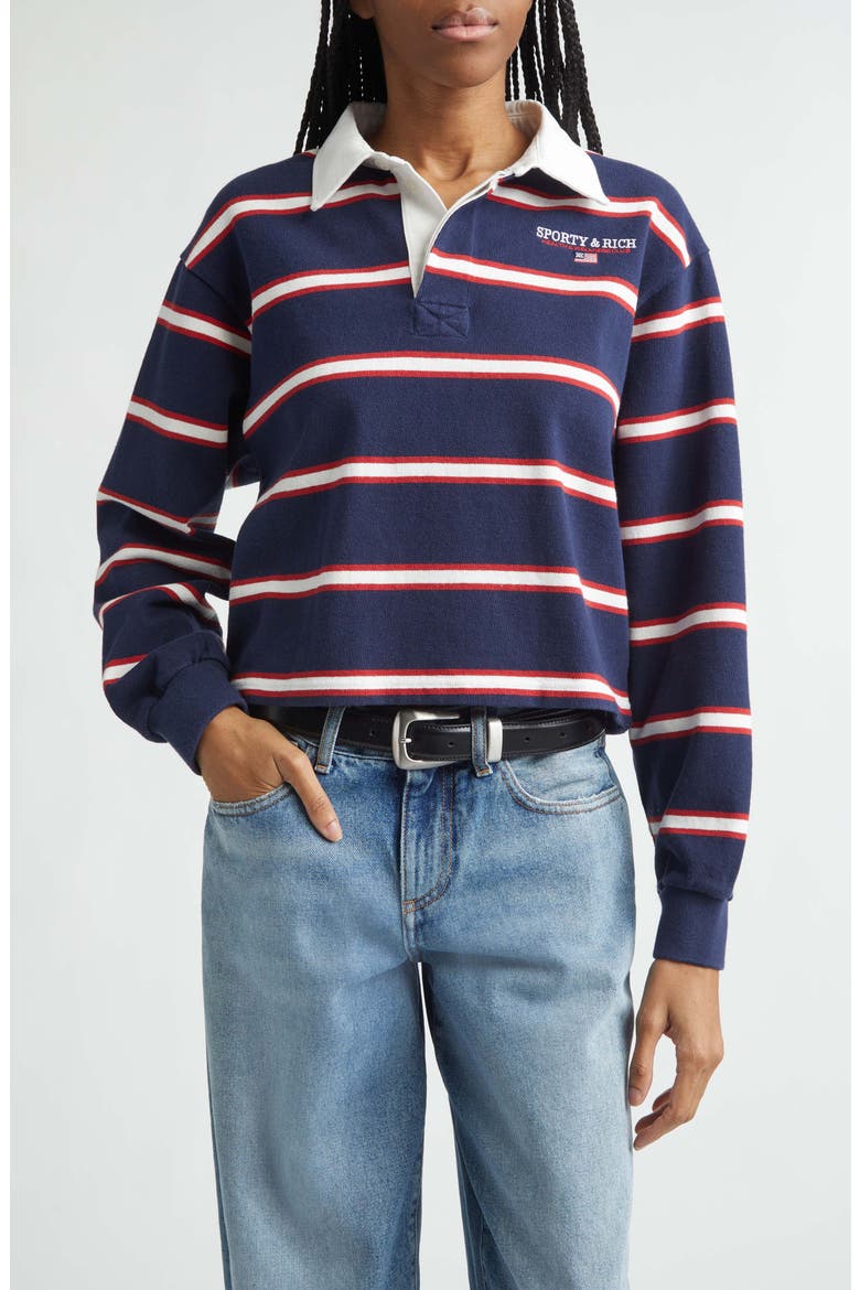 Nautical Embroidered Stripe Crop Rugby Polo, Main, color, DARK NAVY/ WHITE/ RUBY