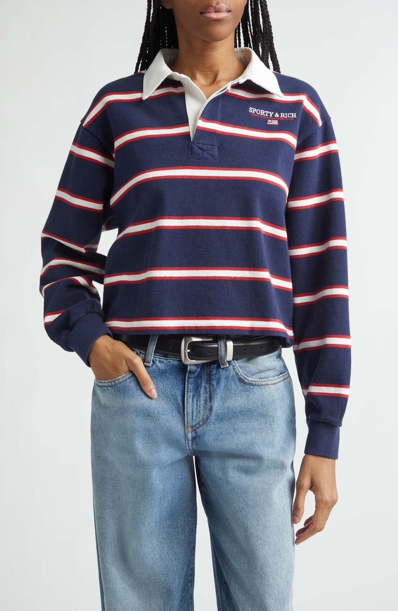 Sporty & Rich Nautical Embroidered Stripe Crop Rugby Polo, Main, color, Dark Navy/ White/ Ruby