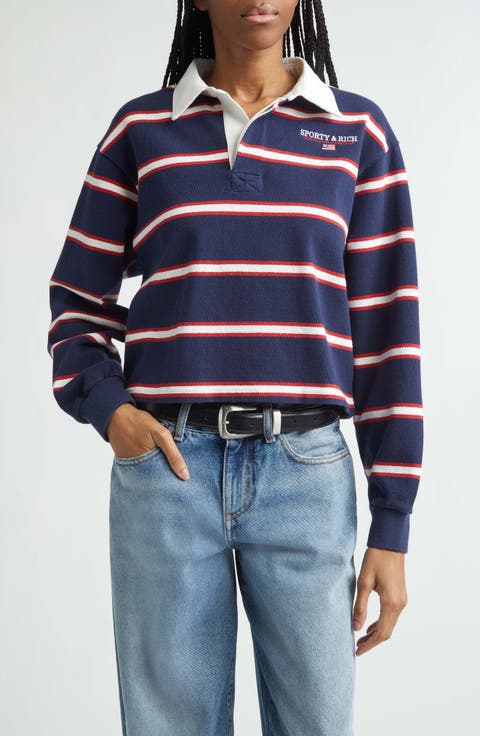 Nautical Embroidered Stripe Crop Rugby Polo