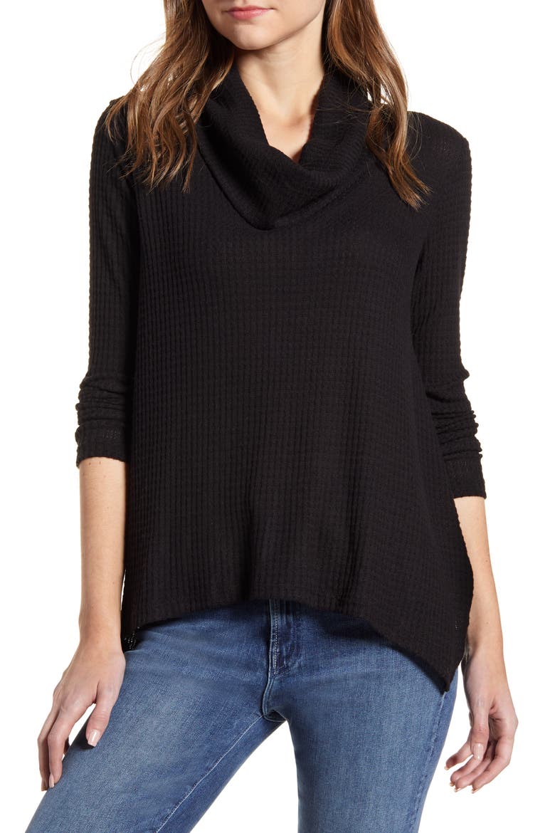 Cowl Neck Shark Bite Hem Waffle Knit Top, Main, color, BLACK