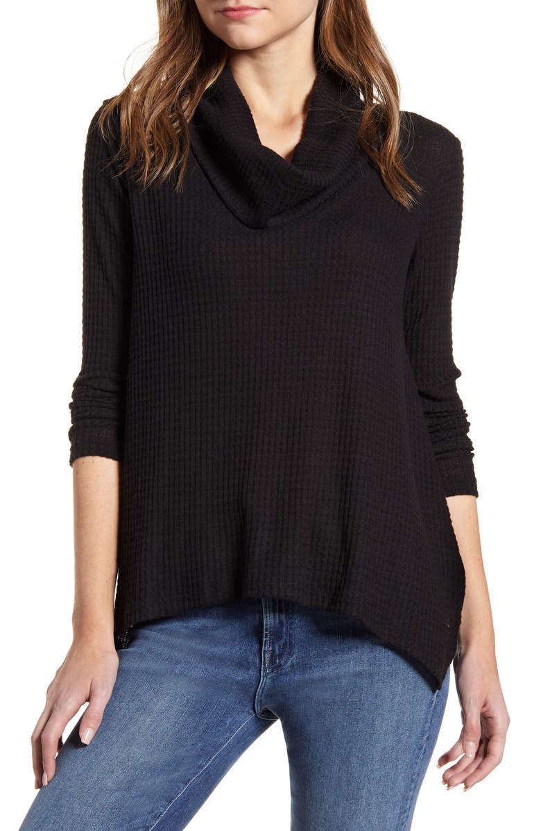 Bobeau Cowl Neck Shark Bite Hem Waffle Knit Top, Main, color, 