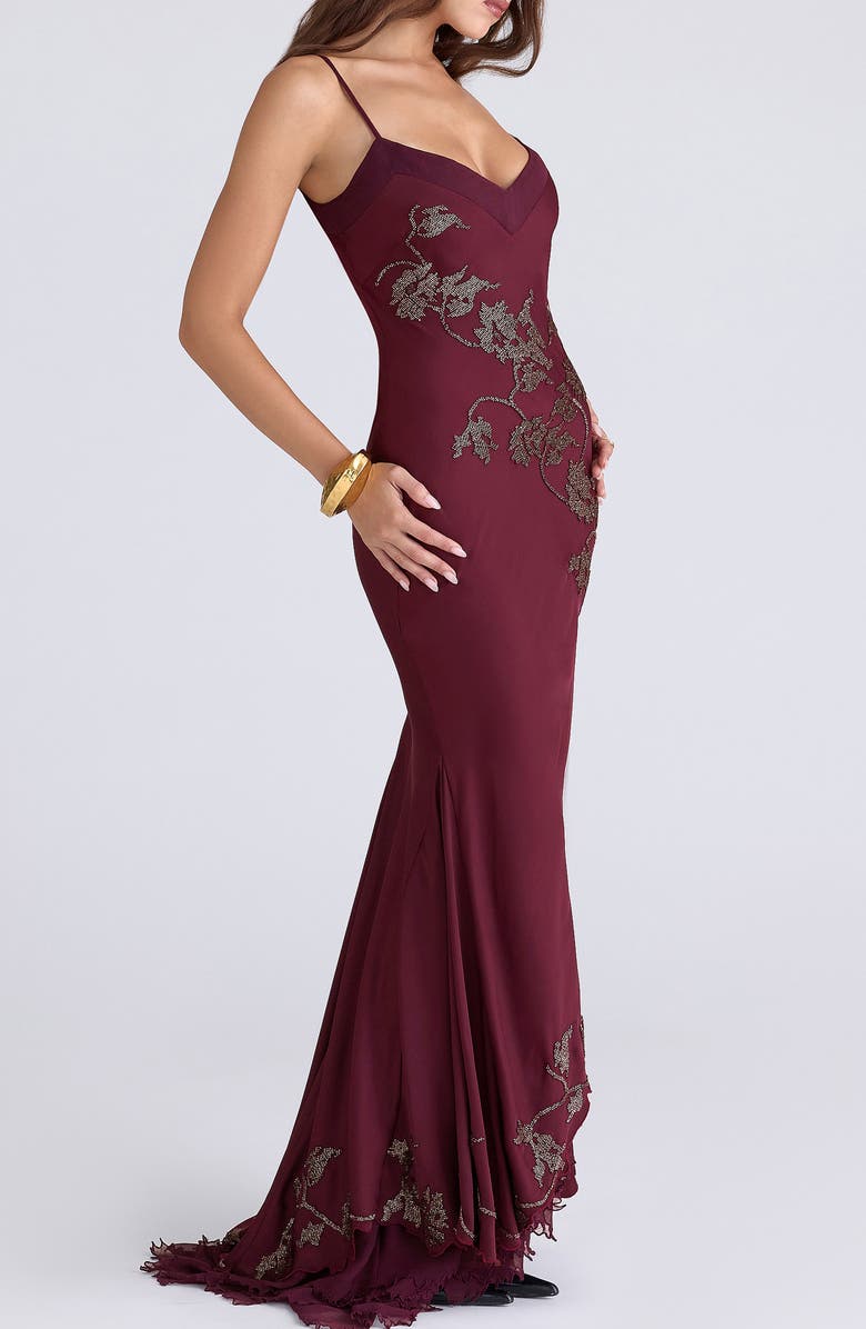 HOUSE OF CB Anastelle Embellished Satin Mermaid Gown, Alternate, color, Plum