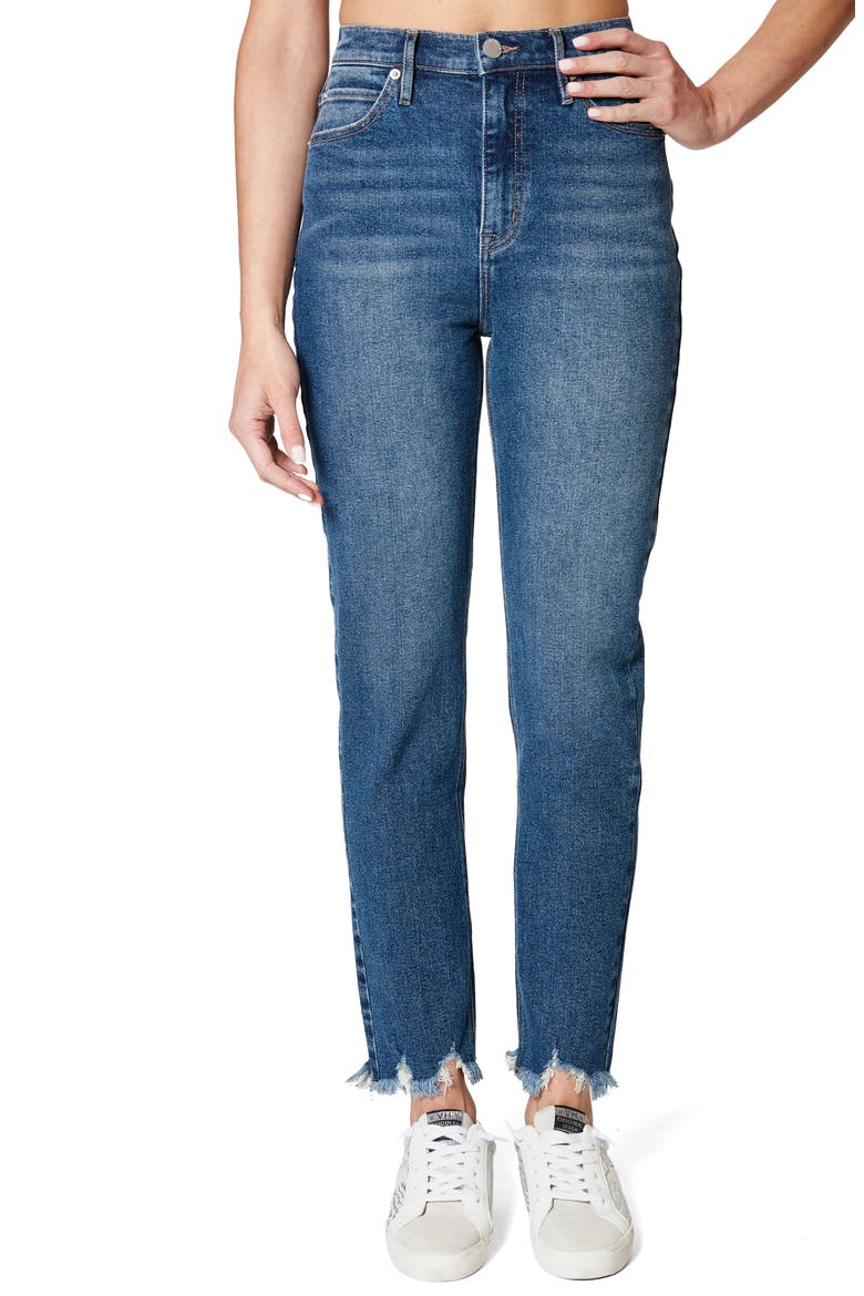 High Waist Fray Ankle Slim Jeans, Main, color, LIGHT BLUE