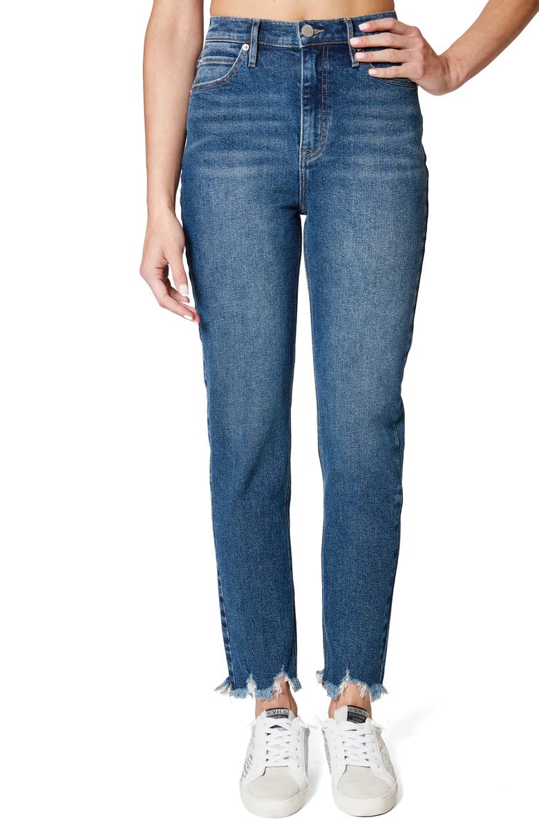 Nicole Miller High Waist Fray Ankle Slim Jeans, Main, color, Light Blue