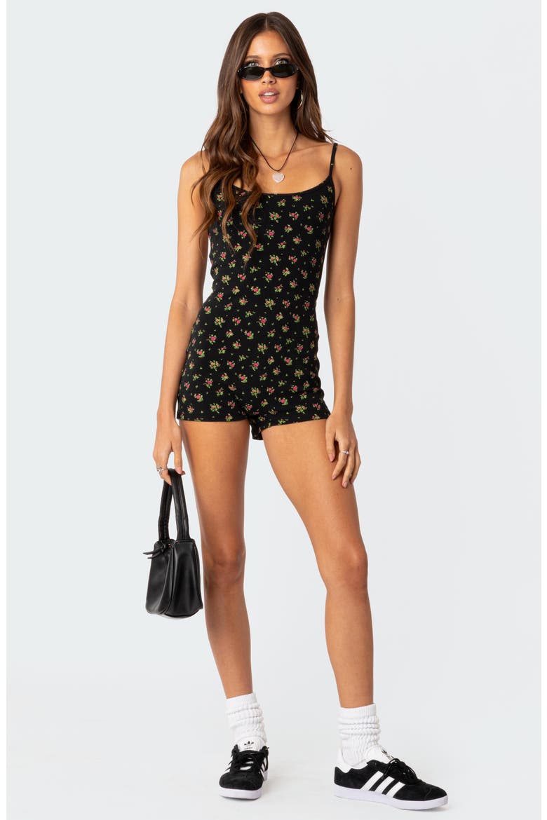 Ditsy Floral Open Back Romper, Alternate, color, BLACK