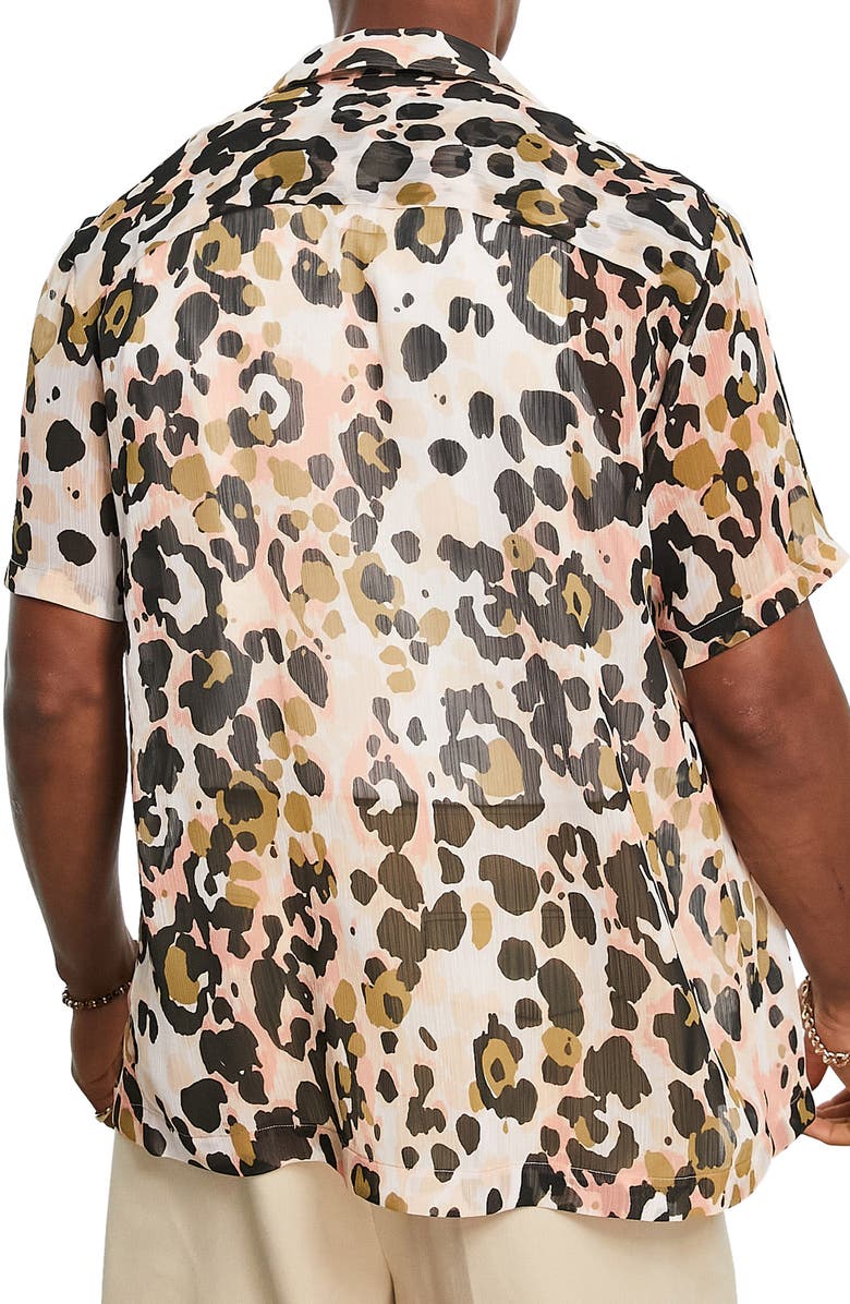 Topman Leopard Print Sheer Crinkle Camp Shirt, Alternate, color, 