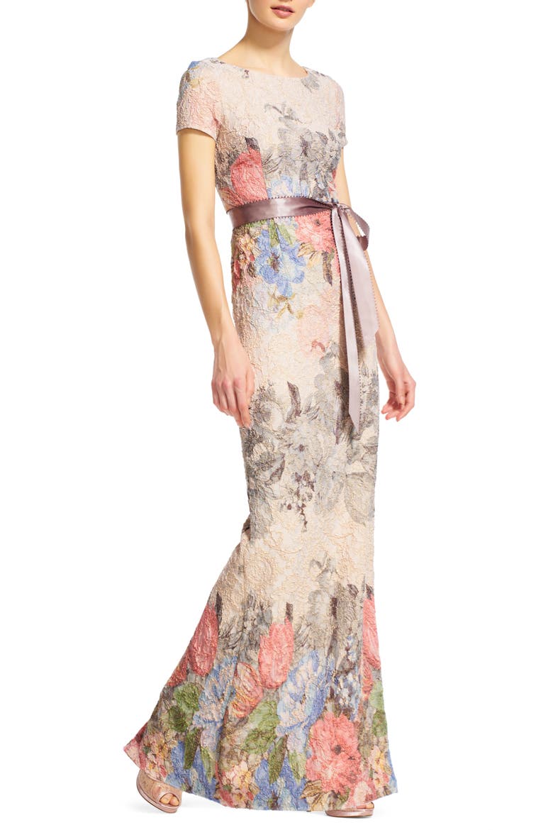 Matelassé Floral Jacquard Column Gown, Alternate, color, BLUSH MULTI
