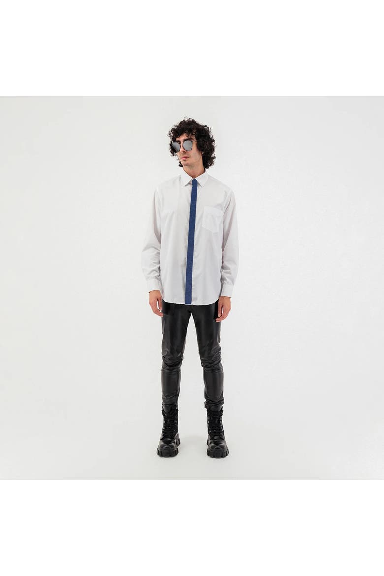 Denim Patch Long Sleeve Button Up Shirt, Alternate, color, White