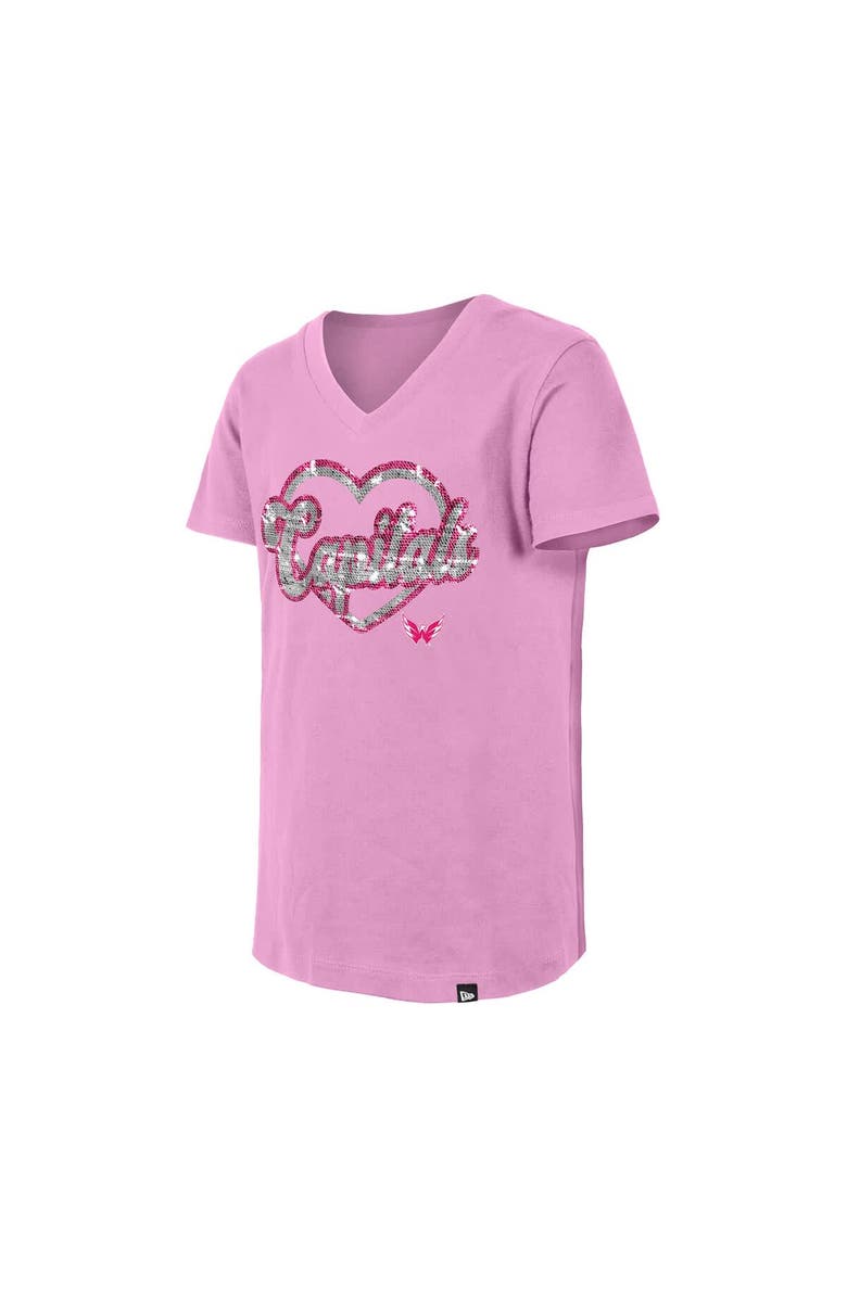 New Era Girl's Youth New Era Pink Washington Capitals Flip Sequin V-Neck T-Shirt, Alternate, color, Pink