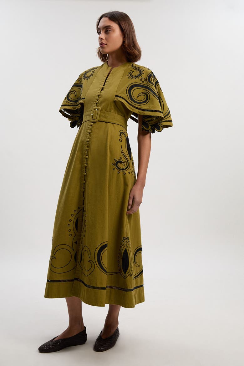 Baroque Cape Sleeve Midi Dress, Alternate, color, Khaki