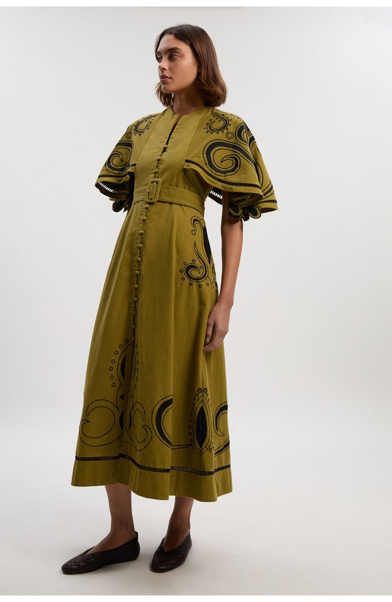 Karen Millen Baroque Cape Sleeve Midi Dress, Alternate, color, Khaki