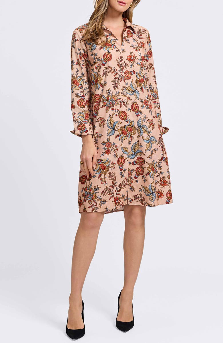 Foxcroft Agnes Autumn Leaf Print Long Sleeve Corduroy Belted Dress, Main, color, Camel Multi