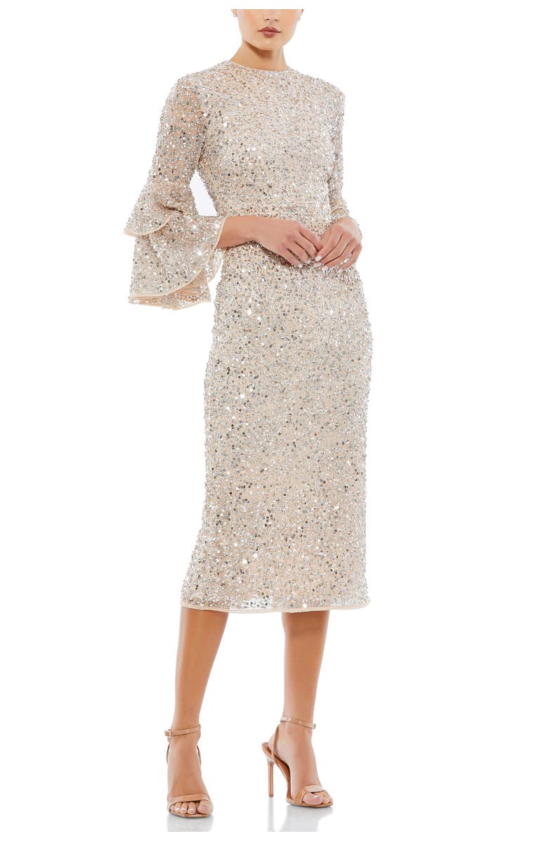 Mac Duggal Fully Sequined Ruffle Tiered 3/4 Sleeve Midi Dress, Main, color, Nude