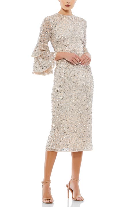 Fully Sequined Ruffle Tiered 3/4 Sleeve Midi Dress