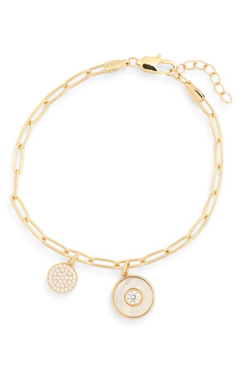Cancer Mother-of-Pearl & Crystal Charm Paper Clip Chain Bracelet