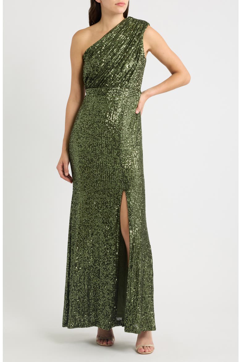 Sequin One-Shoulder Gown, Main, color, OLIVE