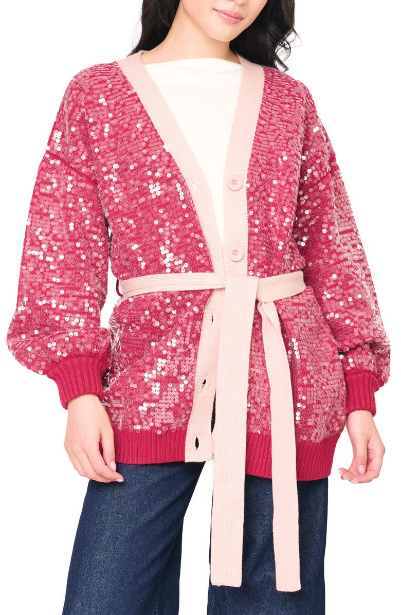 GIBSONLOOK Friday Colorblock Sequin Cardigan, Alternate, color, Cerise / Pink Smoke