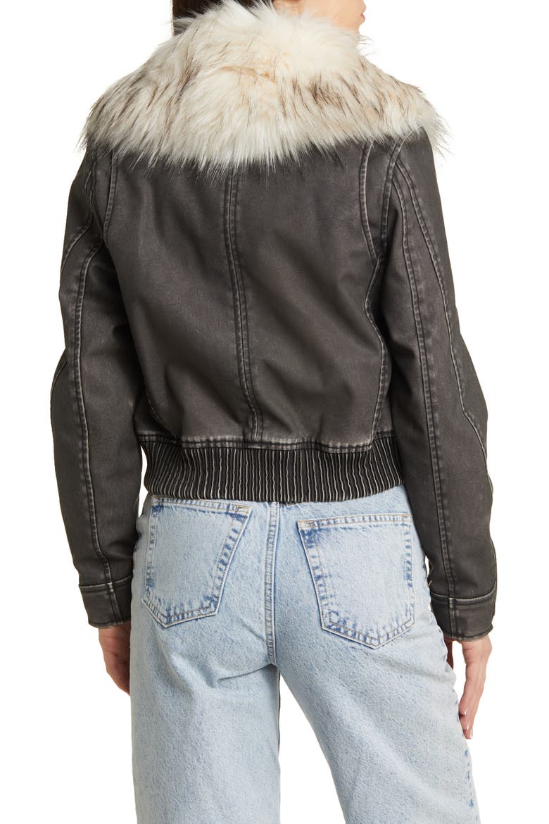Faux Fur Collar Faux Leather Bomber Jacket, Alternate, color, MOONLIGHT