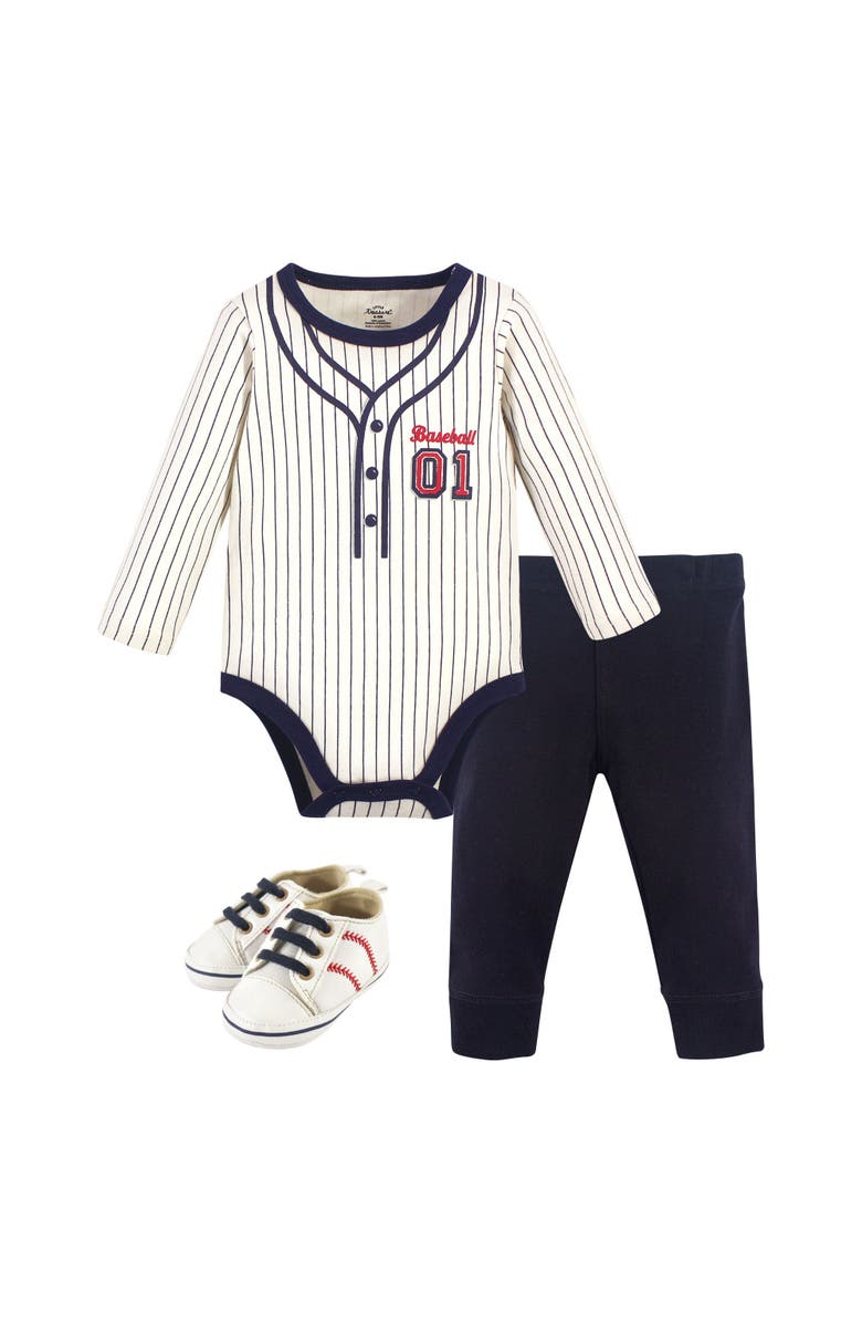 Little Treasure Long Sleeve Bodysuit, Pants and Shoe, Main, color, Baseball Uniform