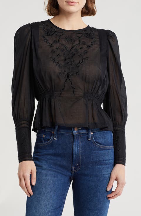 Floral & Bow Embroidered Cotton Top