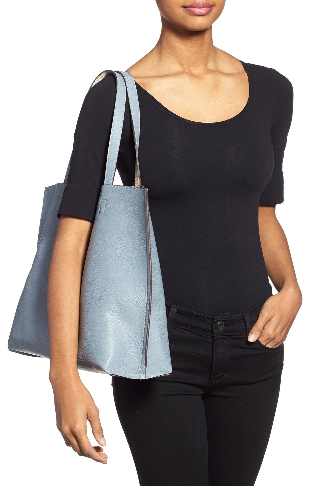 Reversible Faux Leather Tote & Wristlet, Alternate, color, BLUE/ STONE