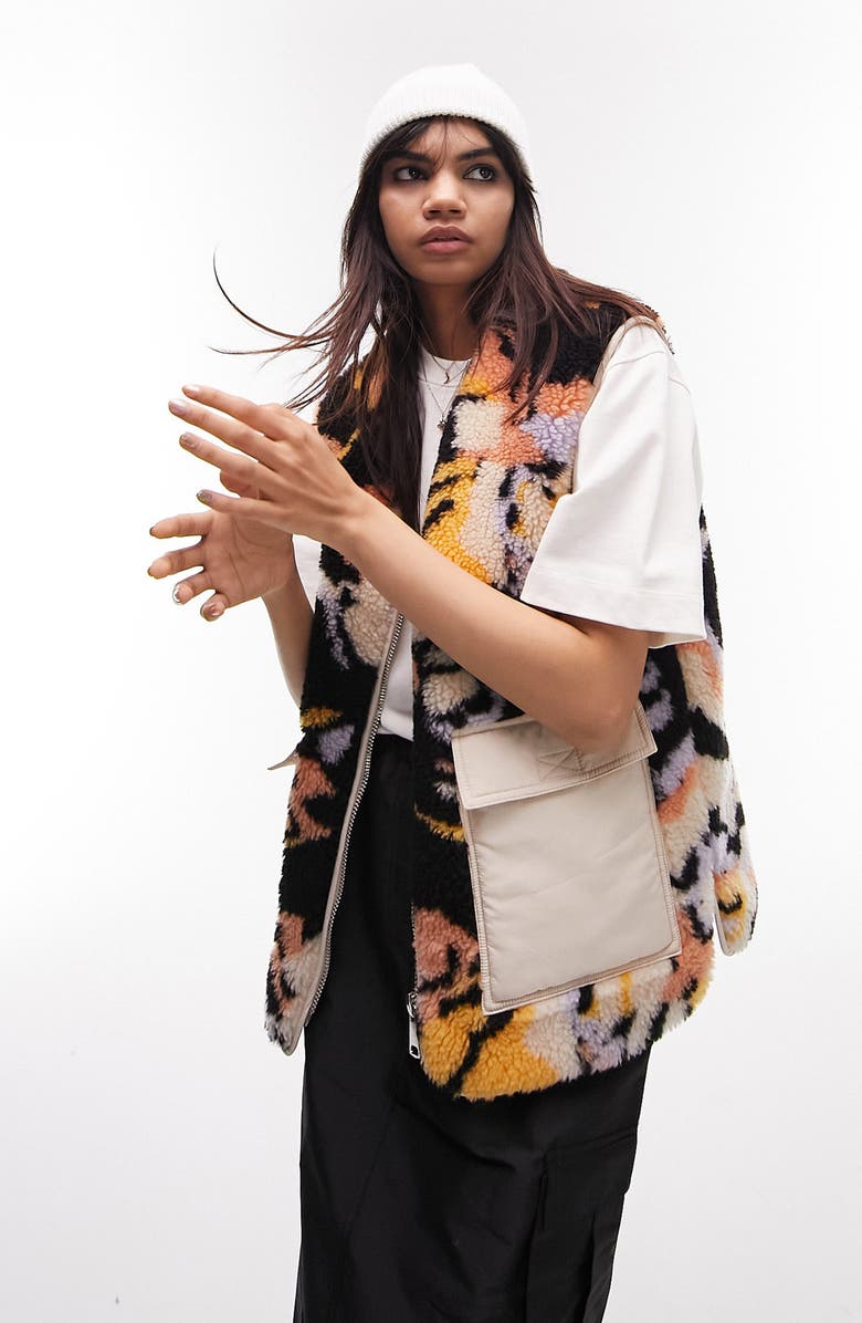 Topshop Camouflage High Pile Fleece Vest, Main, color, 