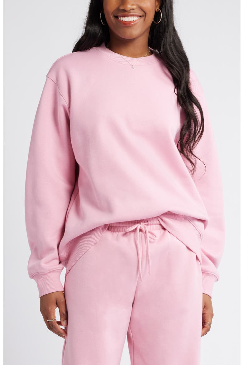 Fleece Detail Oversize Crewneck Sweatshirt, Main, color, PINK SHORE