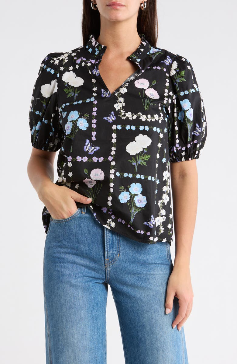 SUGARLIPS Daly Trevis Floral Split Neck Top, Main, color, Black-Pastel