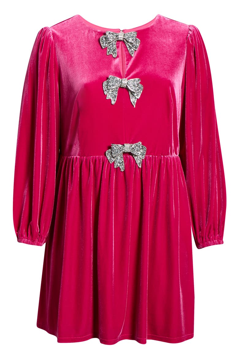 Glow Bow Velvet Long Sleeve Dress, Alternate, color, HOTPINK
