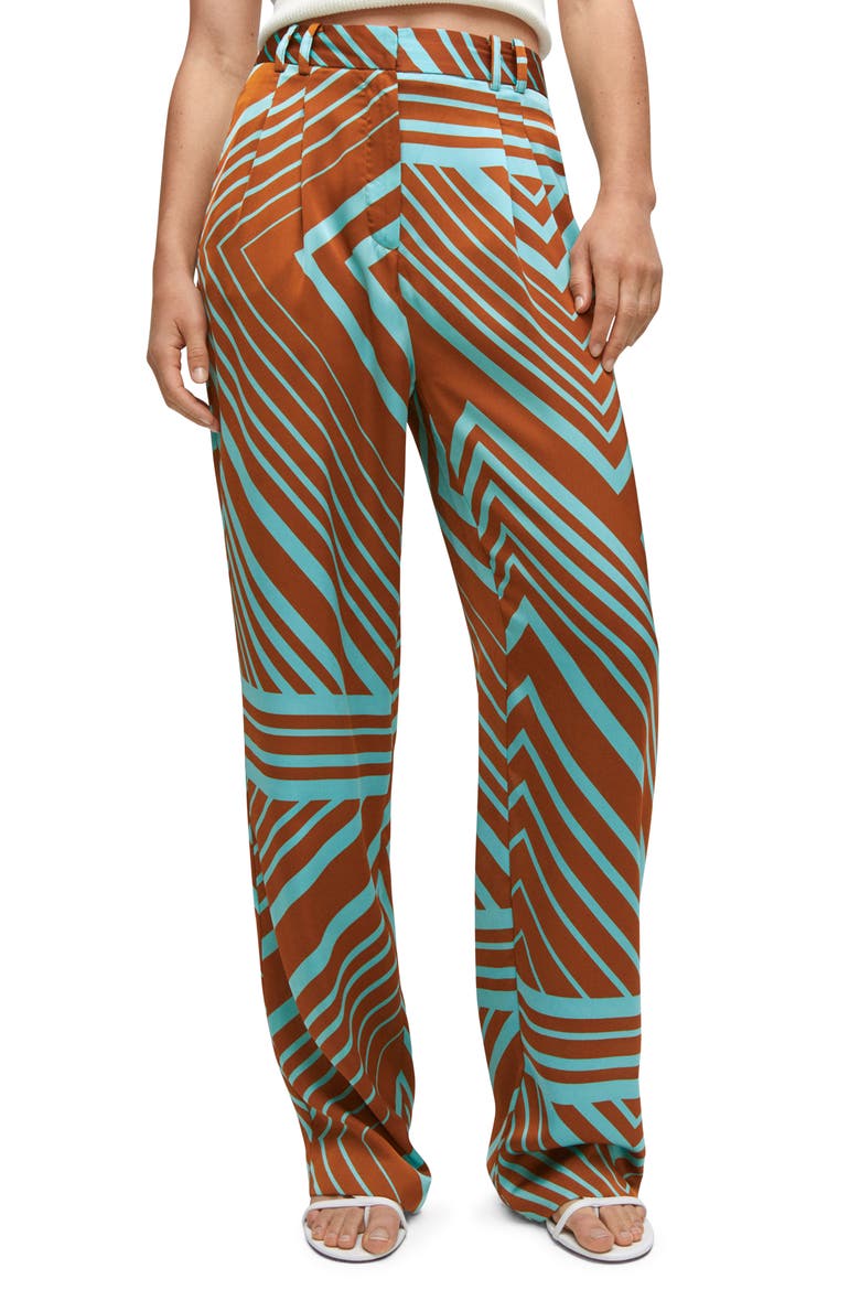 Geo Print High Waist Satin Pants, Main, color, TURQUOISE
