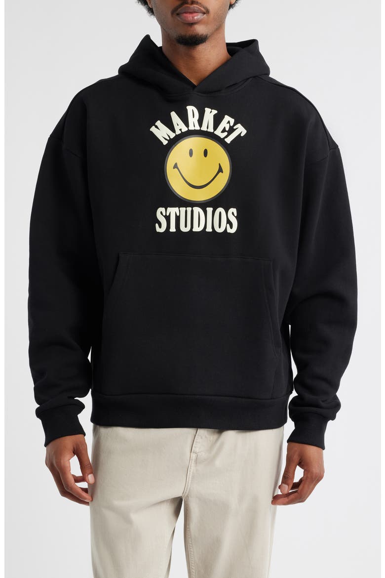 SMILEY® Lockup Graphic Hoodie, Main, color, BLACK