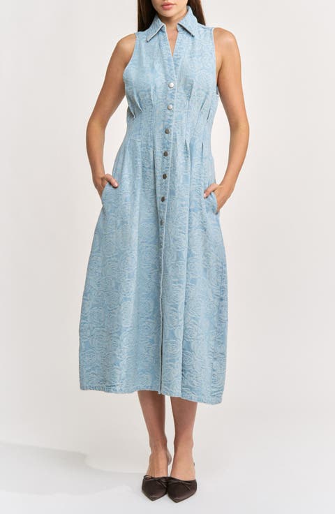 Dominique Floral Sleeveless Denim Midi Dress