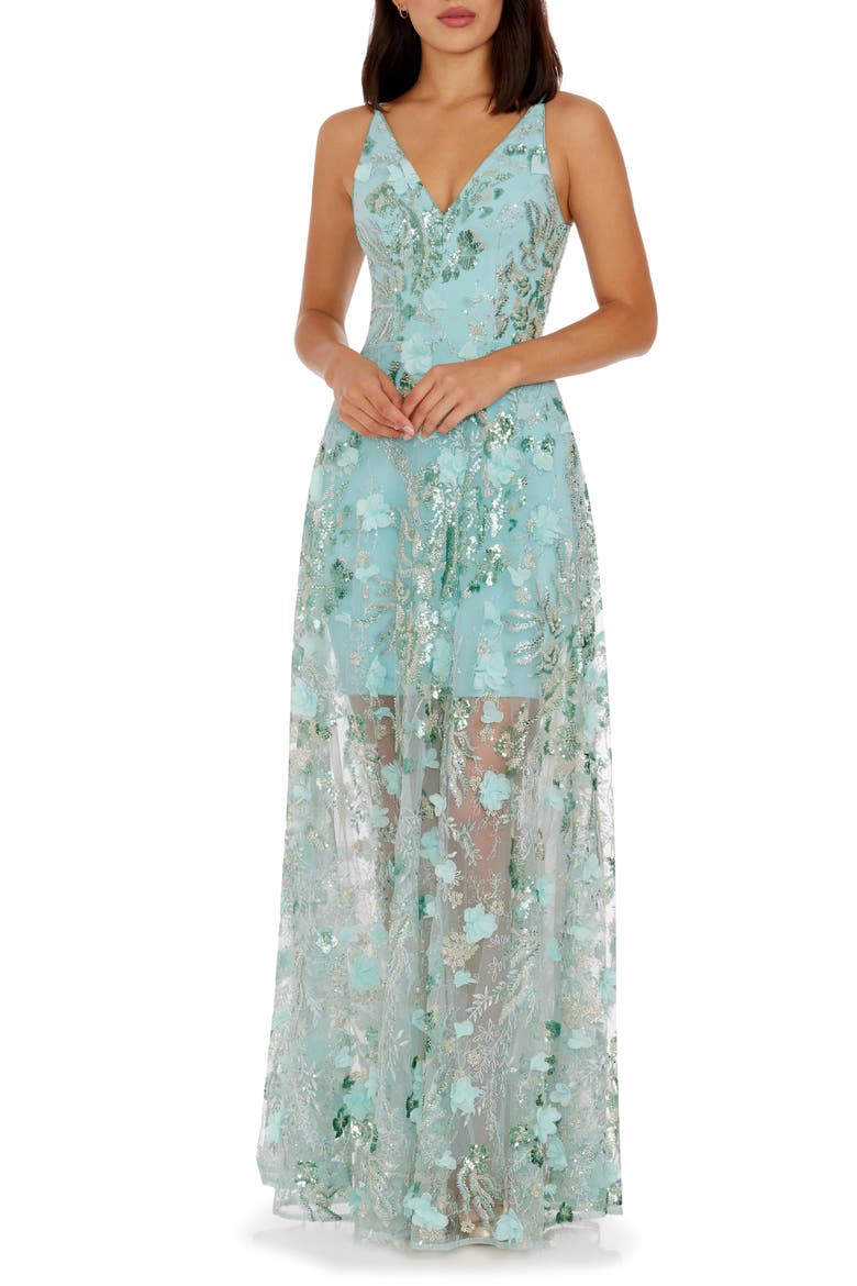 Sidney Beaded Floral Appliqué Gown, Main, color, SEAFOAM MULTI