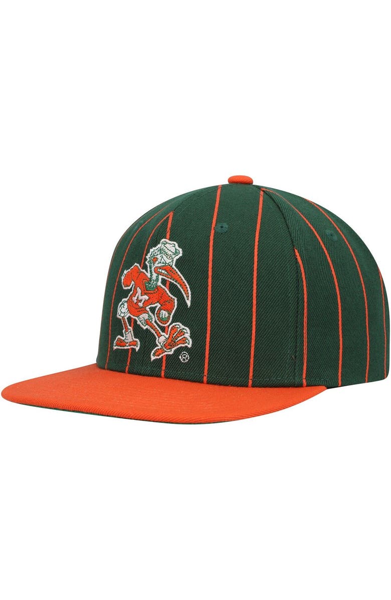 Mitchell & Ness Men's Mitchell & Ness Green Miami Hurricanes Team Pinstripe Snapback Hat, Alternate, color,