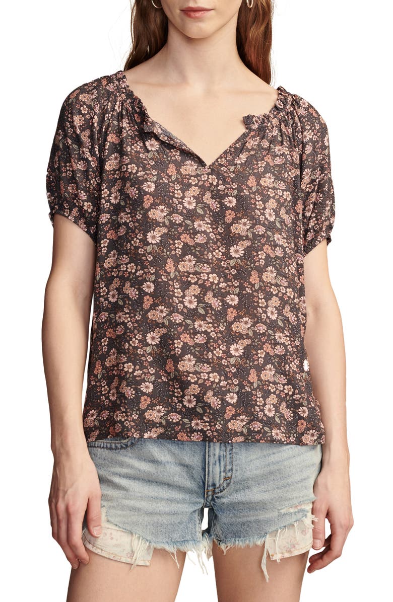 Lucky Brand Floral Split Neck Top, Main, color, Rose Sprti