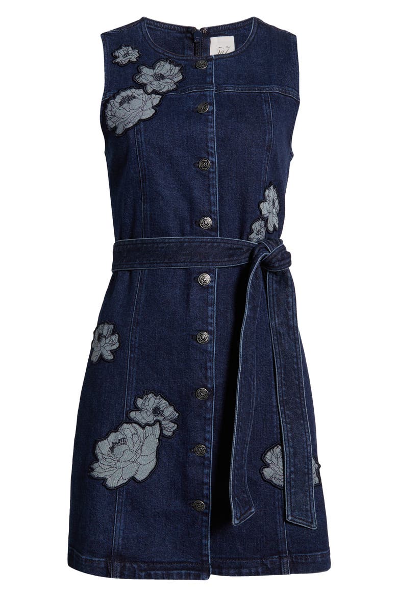 Marsha Floral Appliqué Tie Waist Denim Dress, Alternate, color, FONTAINE