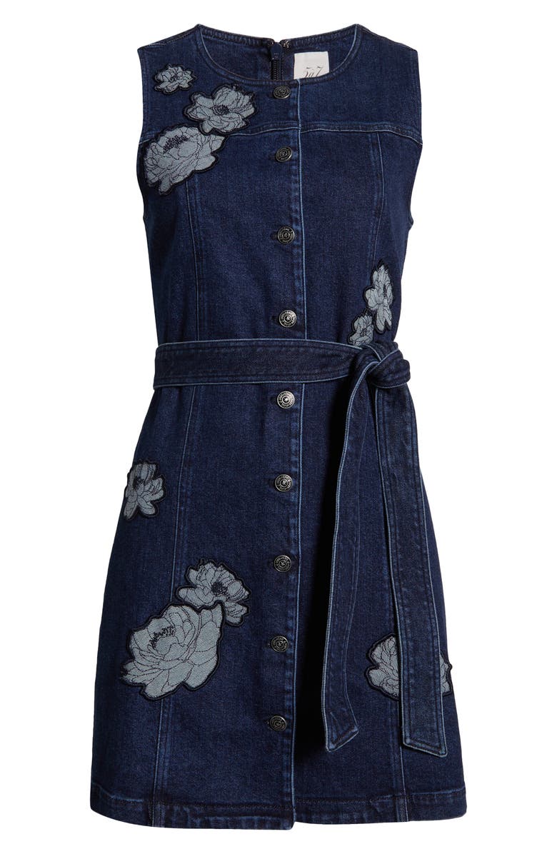 Cinq à Sept Marsha Floral Appliqué Tie Waist Denim Dress, Alternate, color, Fontaine
