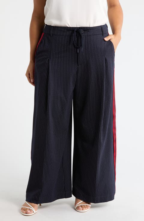 Pinstripe Front Pleat Wide Leg Pants (Plus)