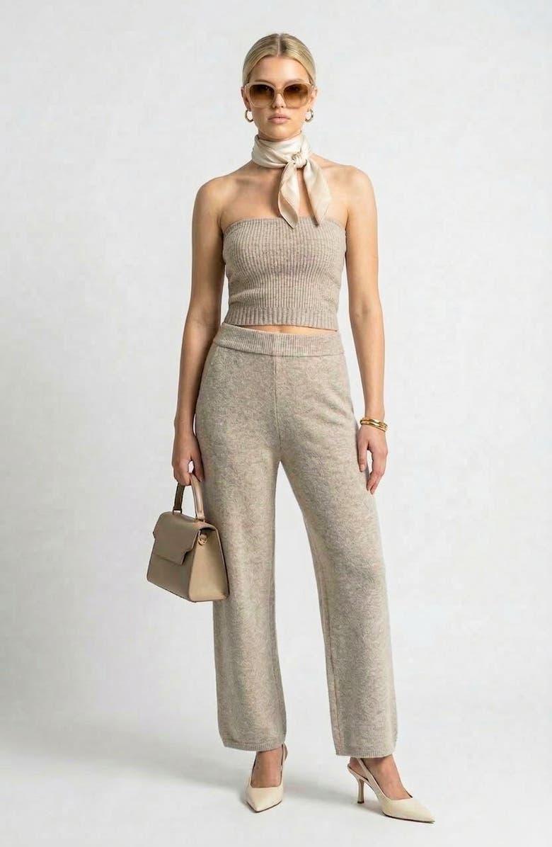 Knit & Lounge Three Piece Ribbed Knit Set with Long Cardigan, Cropped Top and Wide Leg Pants, Alternate, color, Beige, Gray, Striped