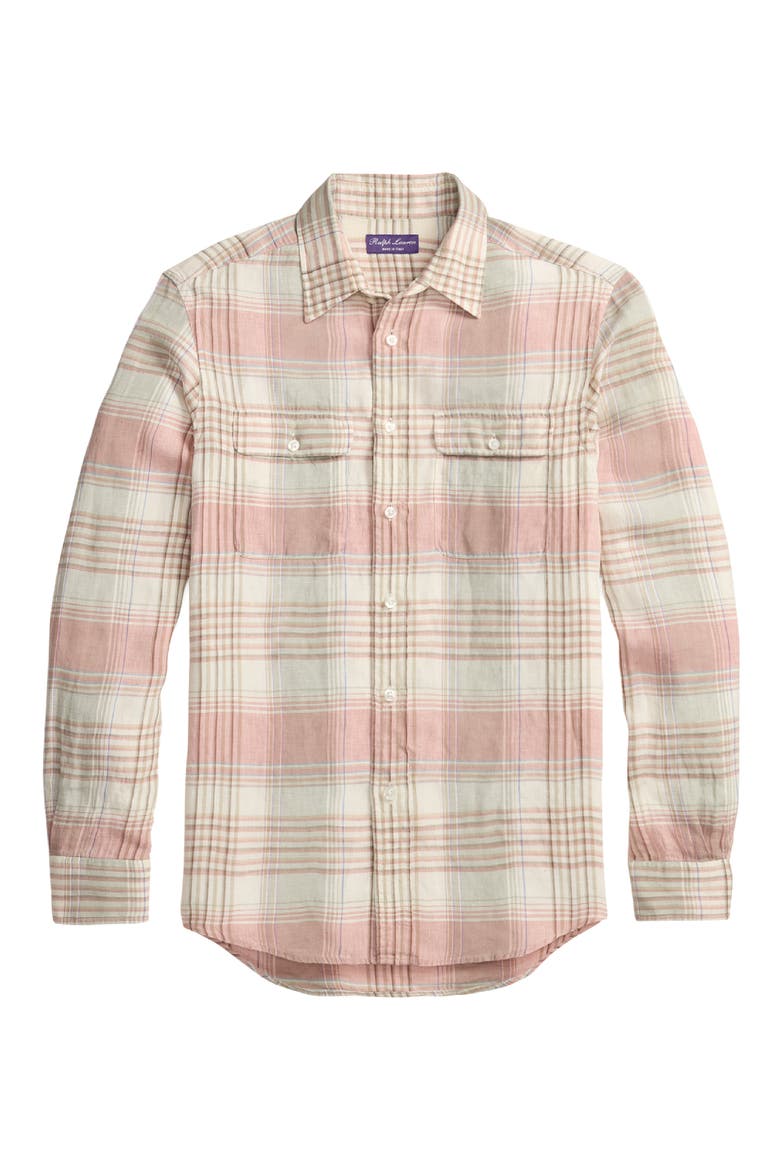 Plaid Linen Button-Up Shirt, Alternate, color, RASPBERRY